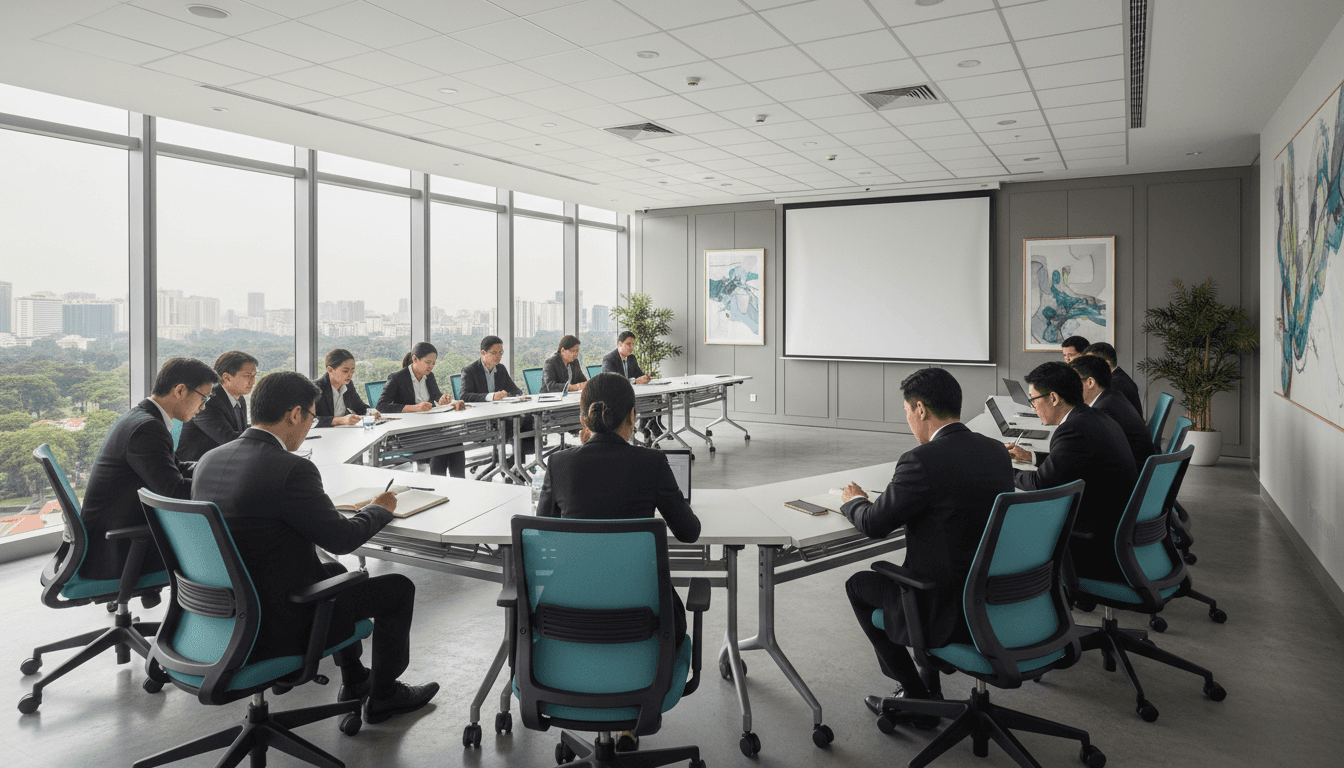 Professionals attending a training session in a bright seminar room