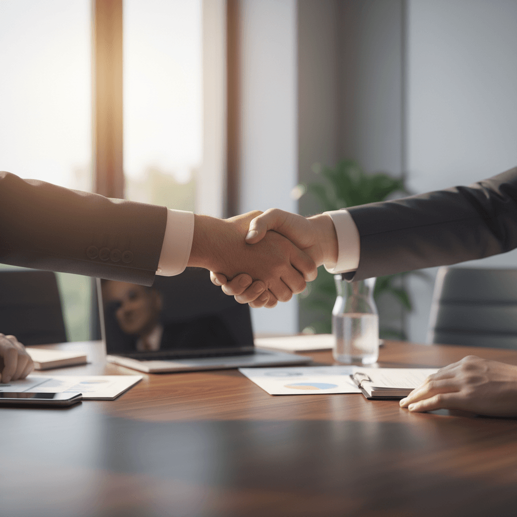 Business partners shaking hands in a modern office overlooking Kuala Lumpur's skyline