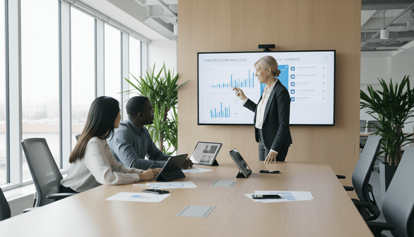 Professionals collaborating around a table in a bright training room